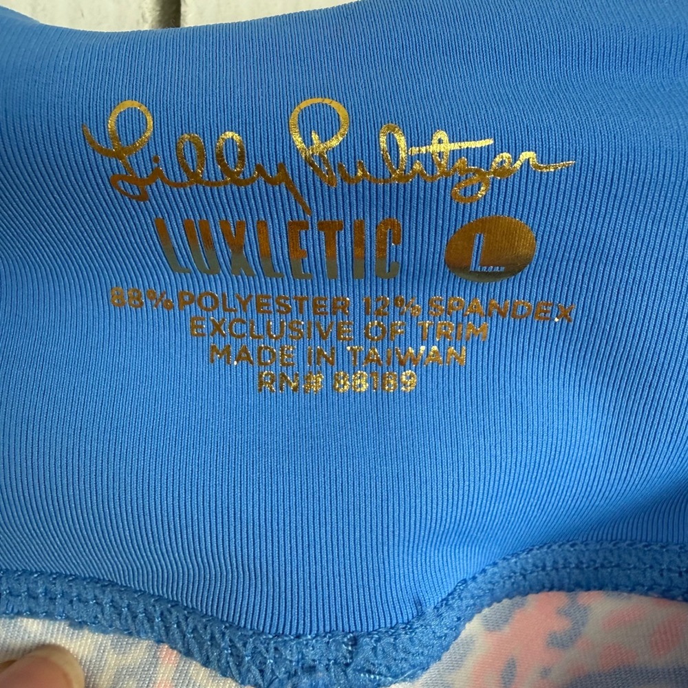 Lilly Pulitzer Luxletic Leggings Large Pink Blue Coastal Preppy Crop Pockets - Picture 2 of 5